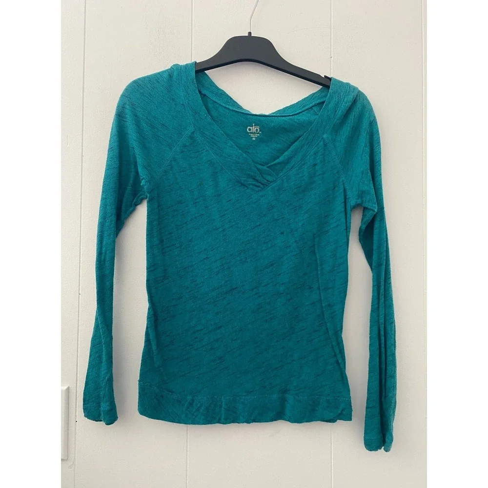 Alo Yoga Womens XS‎ Teal Blue Slub Knit Long Sleeve V-Neck Cotton T-Shirt